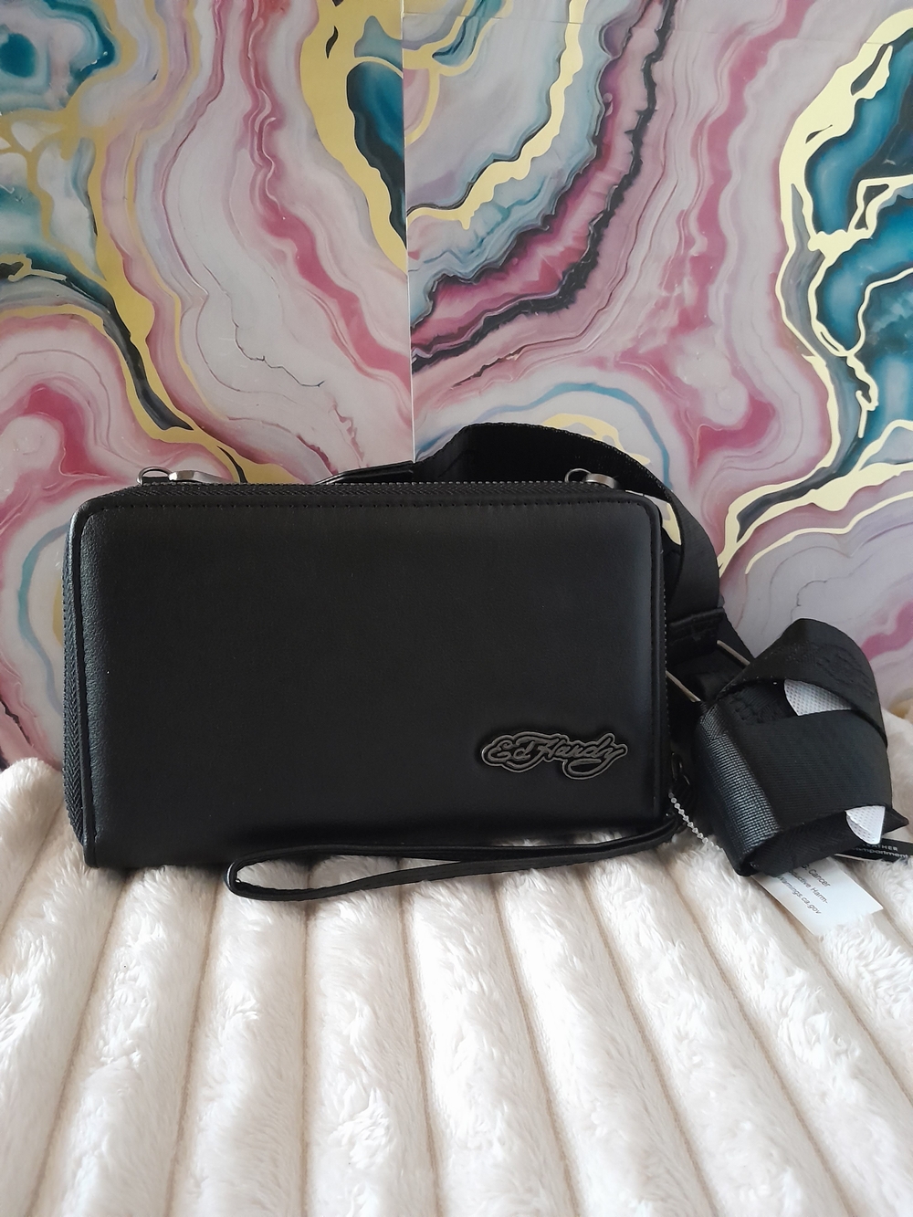 Ed Hardy Black Skull & Rose Crossbody Wallet Bag Phone Holder Clutch NWT - Picture 3 of 12